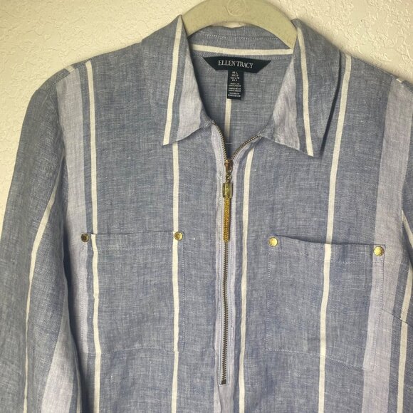 Ellen Tracy Top Womens size Large Blue & White Striped Shirt With Zipper & Pocke - Picture 5 of 15